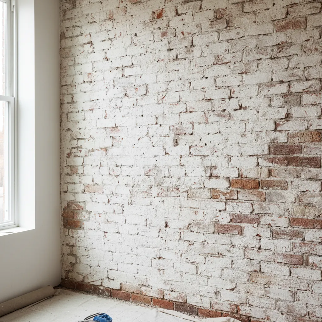 Patchy limewash application on brick wall showing uneven color absorption