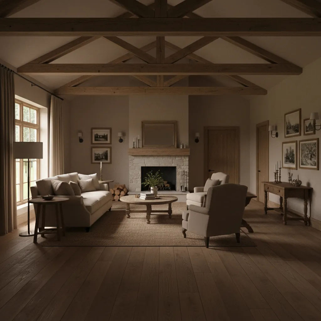 Farmhouse living room showing uneven lighting with bright seating area and dark corners
