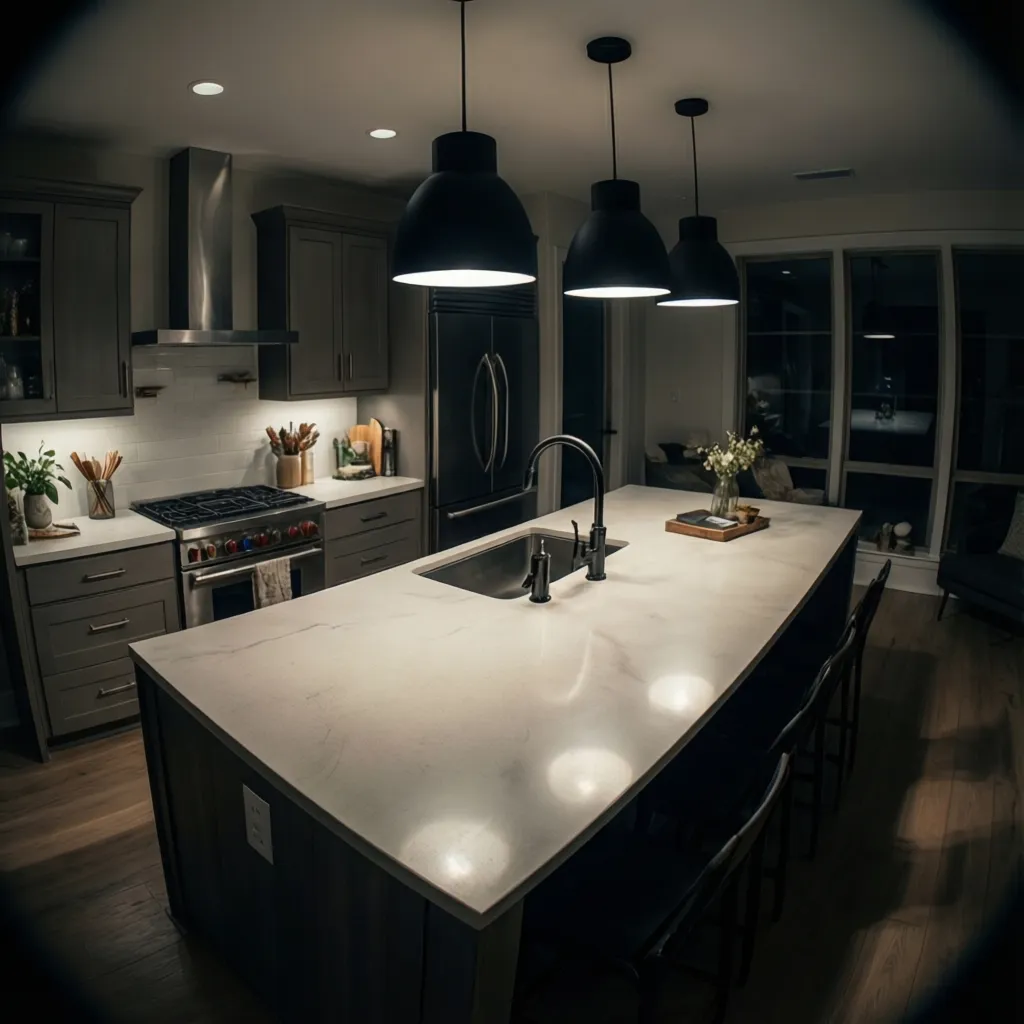 kitchen island showing uneven pendant lighting spacing