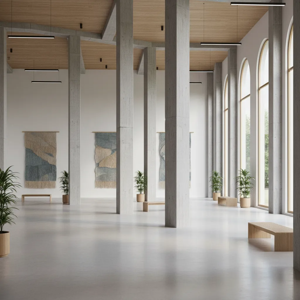 Interior hall showing uneven pillar spacing affecting symmetry