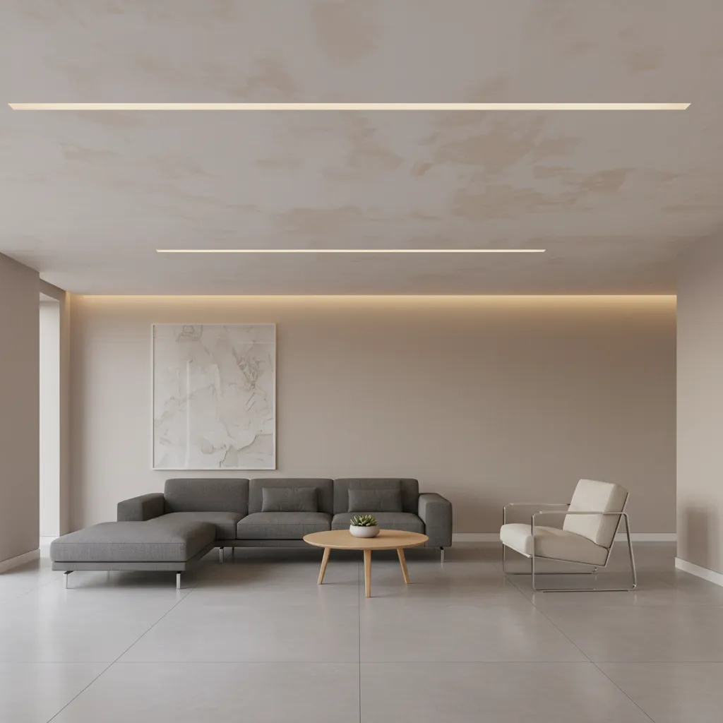 Uneven paint patches visible on single colour plaster ceiling under lighting
