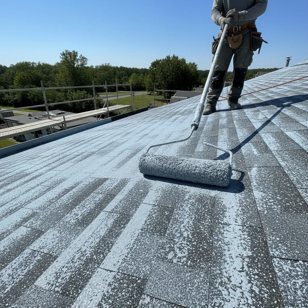 Roof coating applied unevenly showing darker and lighter sections