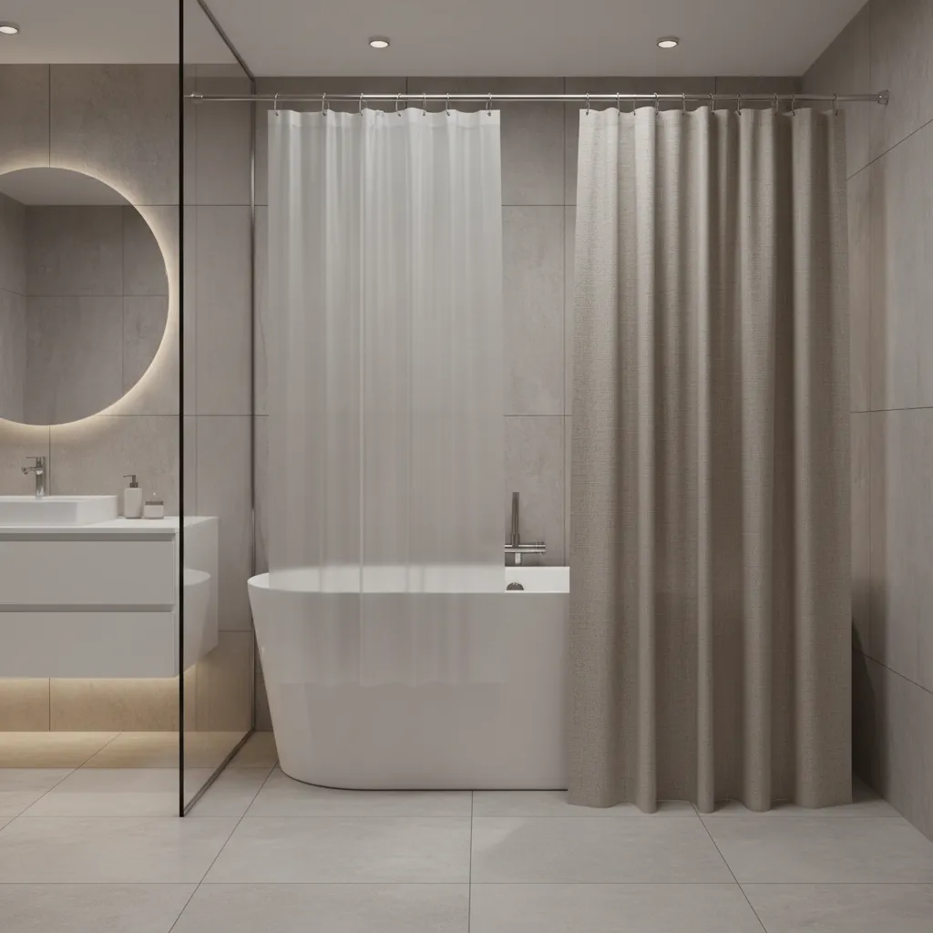 comparison of uneven shower curtain lengths causing fabric dragging on bathroom floor