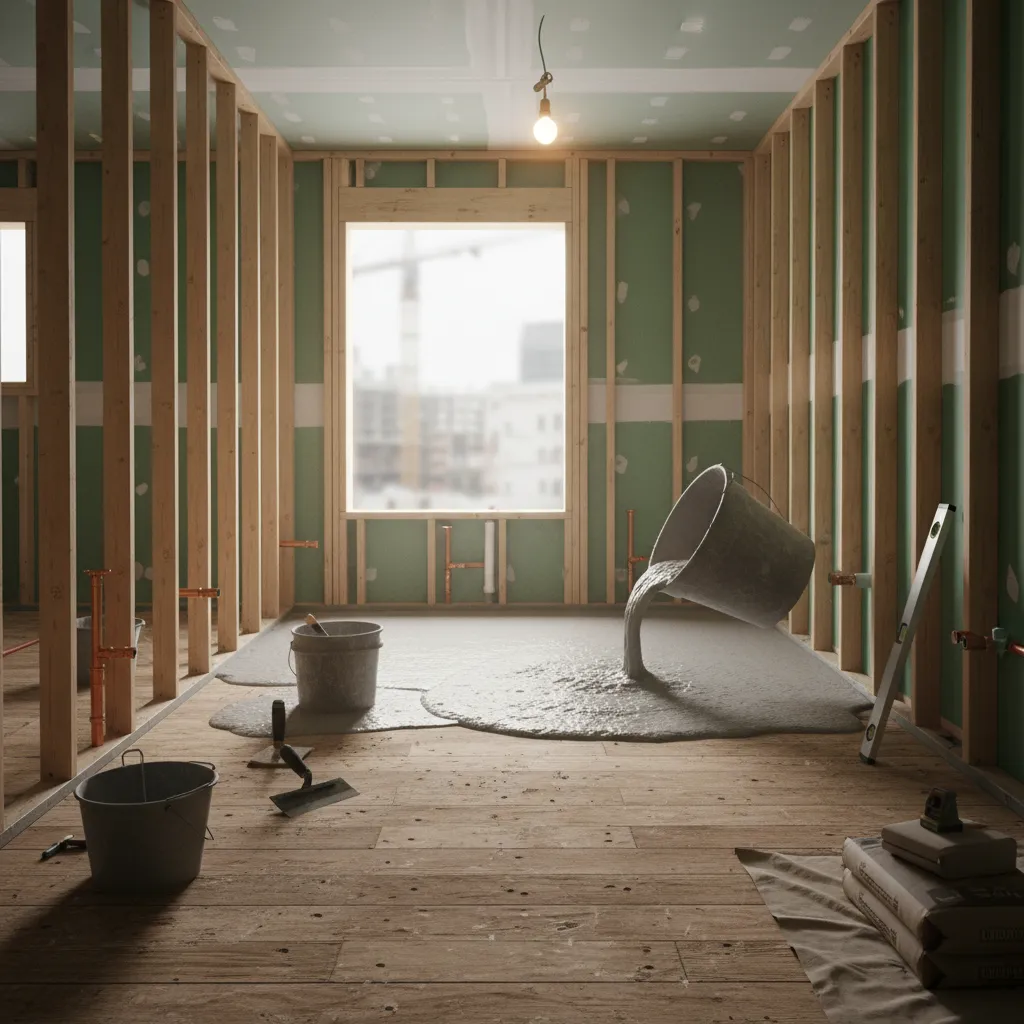 Bathroom subfloor being leveled with self leveling compound before flooring installation