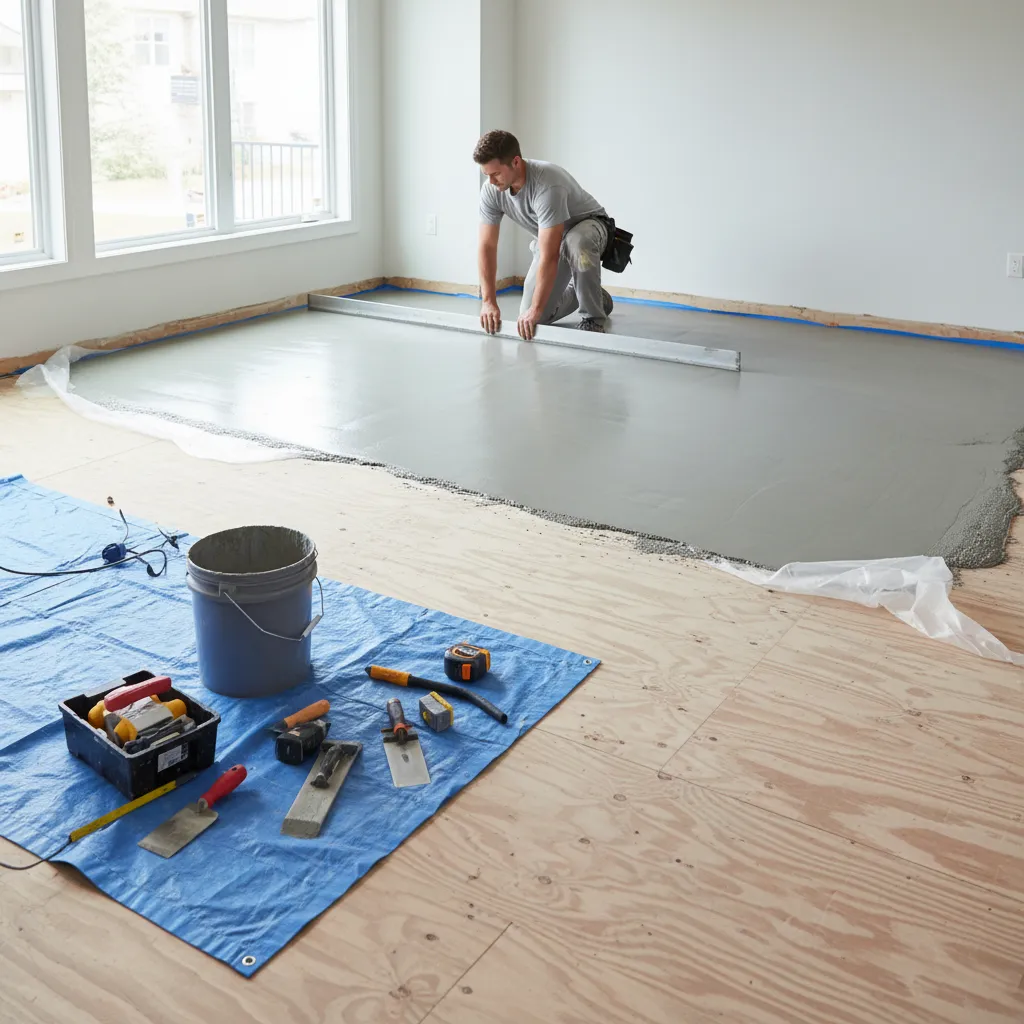 Contractor leveling uneven subfloor before hardwood flooring installation