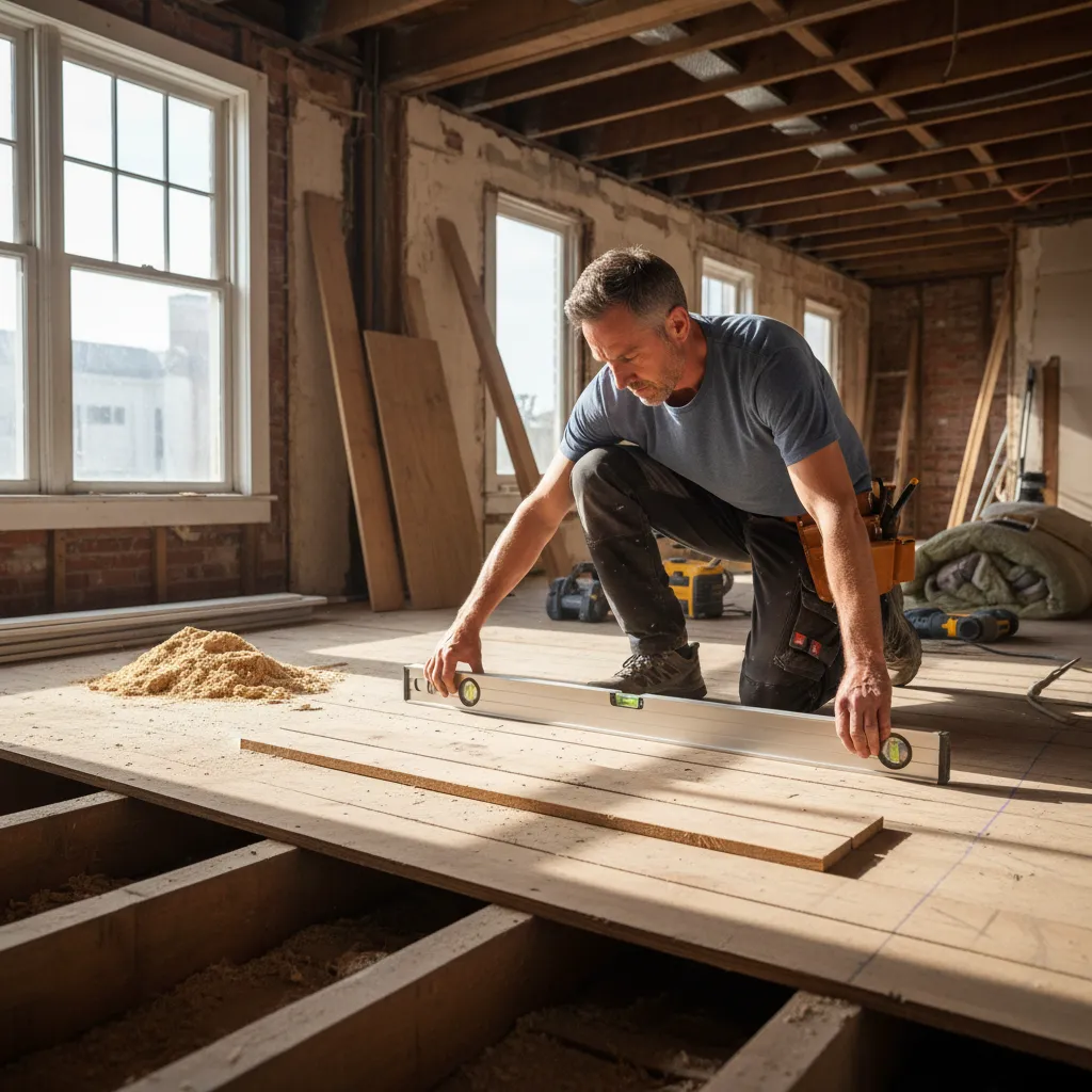 contractor using level to check uneven subfloor in old home