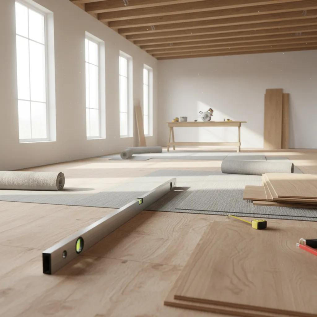 Level tool showing dip in subfloor beneath underlayment during flooring installation
