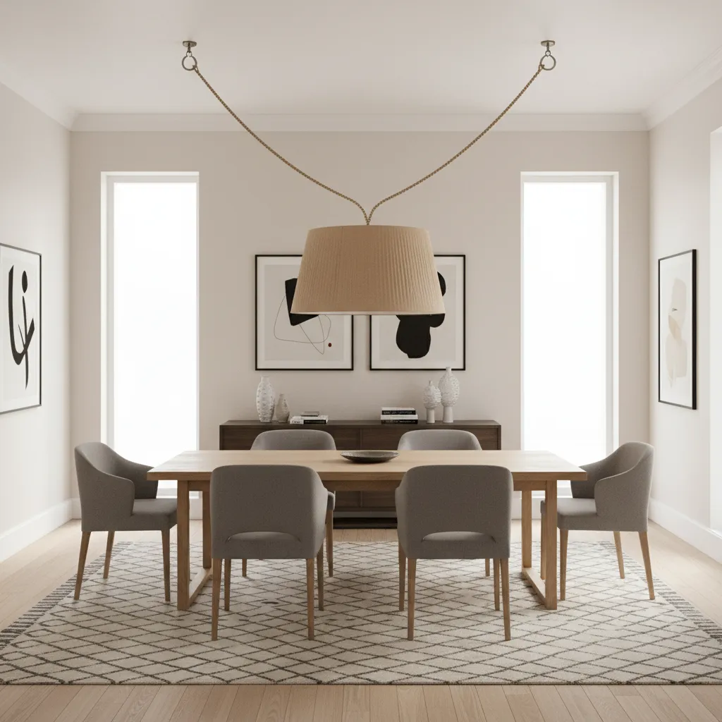 Dining room swag lamp hanging unevenly above table