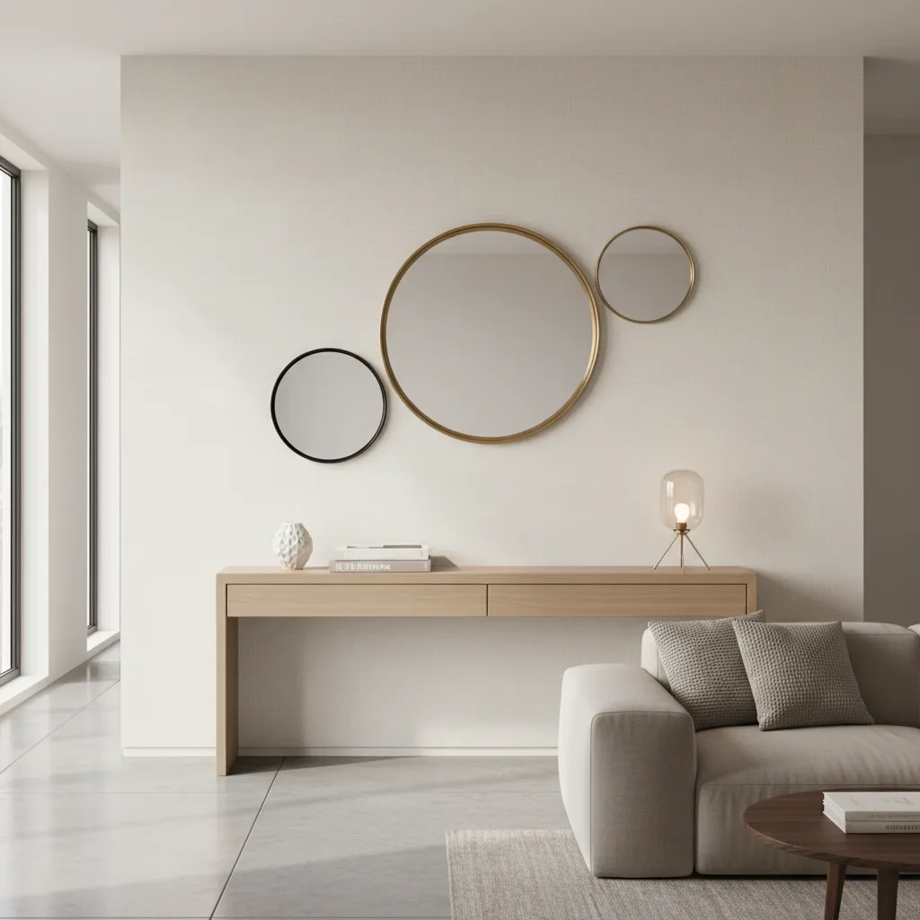 Example of uneven three mirror arrangement on living room wall