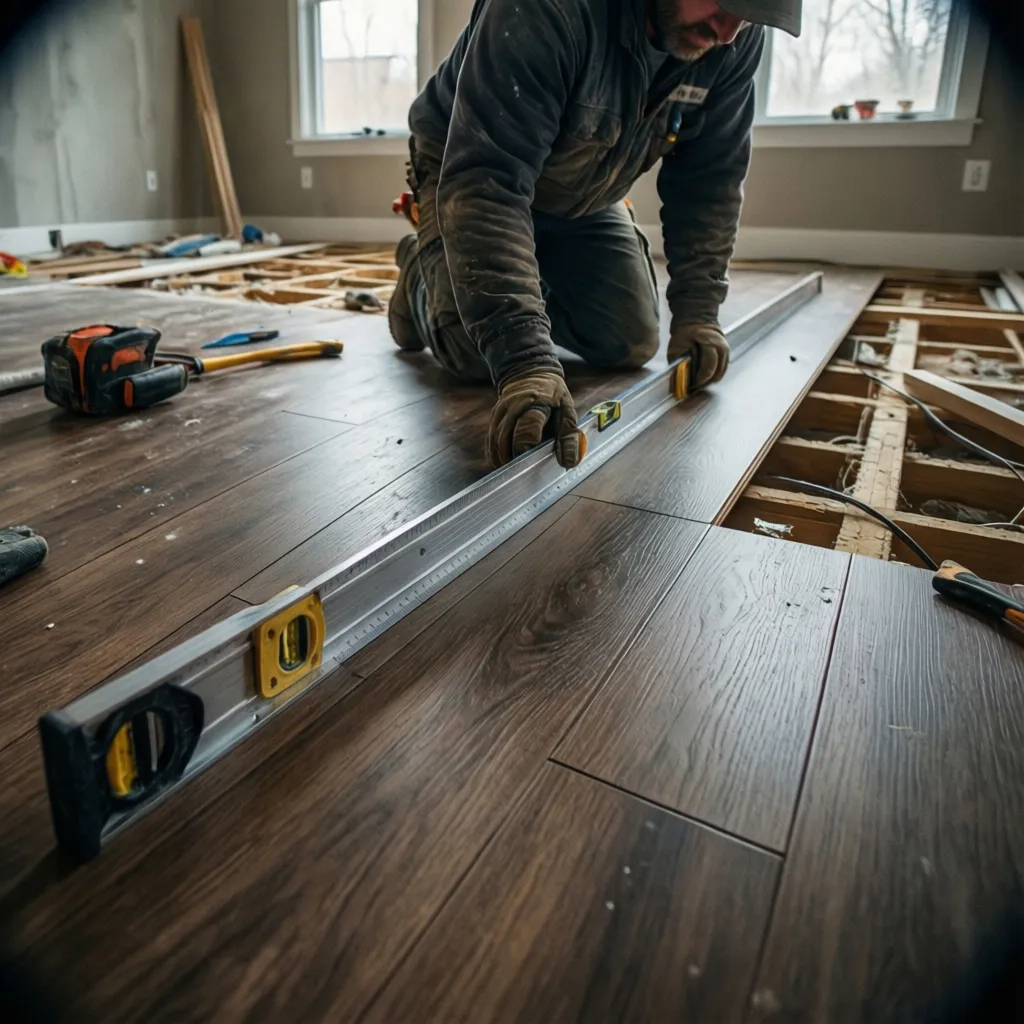 Installer checking uneven subfloor under vinyl plank flooring with straightedge