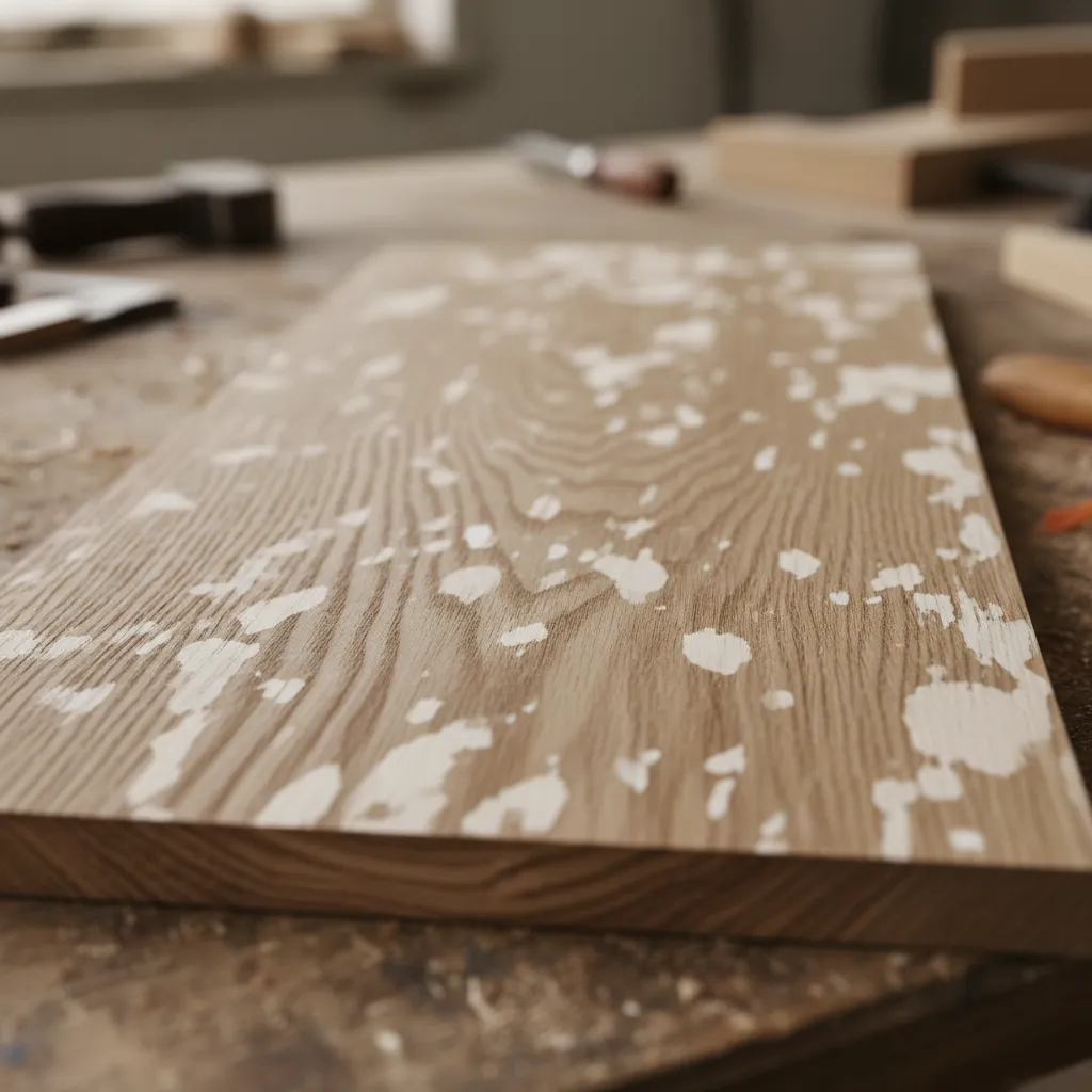 example of blotchy wood bleaching on wooden board with uneven light and dark patches