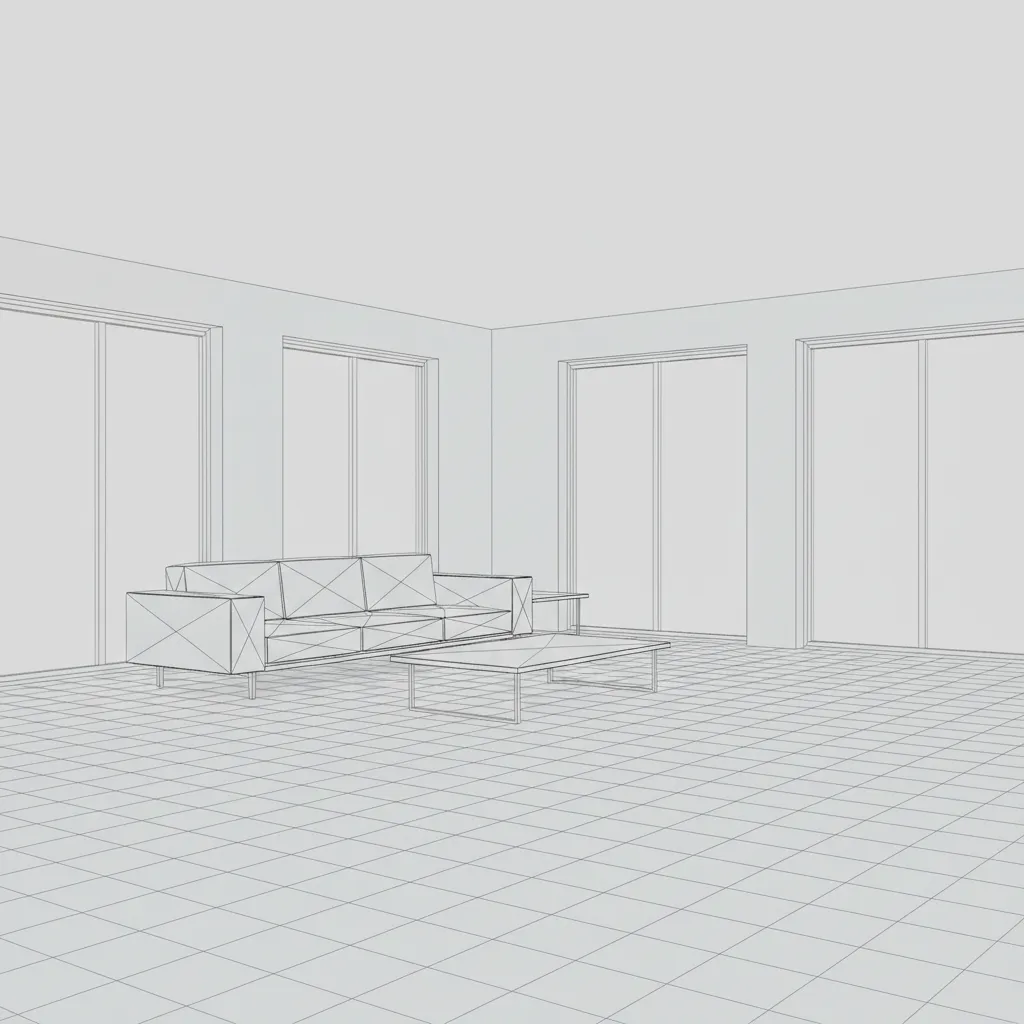 Wireframe style interior 3D model showing furniture and room structure