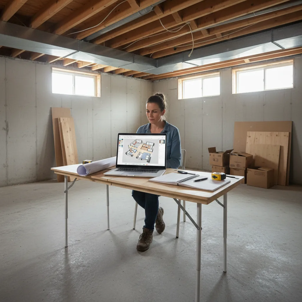 Homeowner planning basement layout using floor plan software