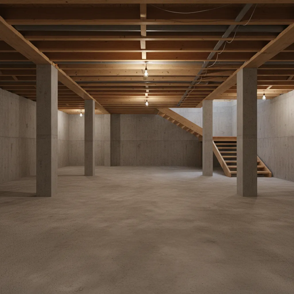 unfinished basement with structural columns and digital layout overlay concept