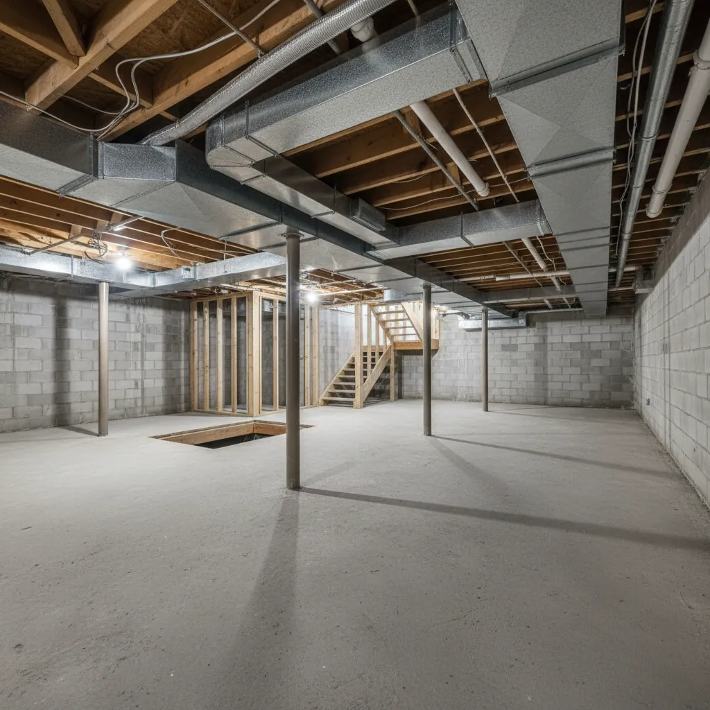unfinished basement with columns and stairs used for digital layout planning