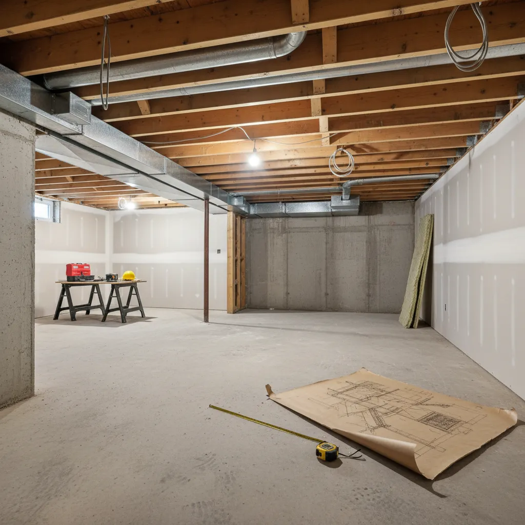 Empty basement space being measured and planned for renovation