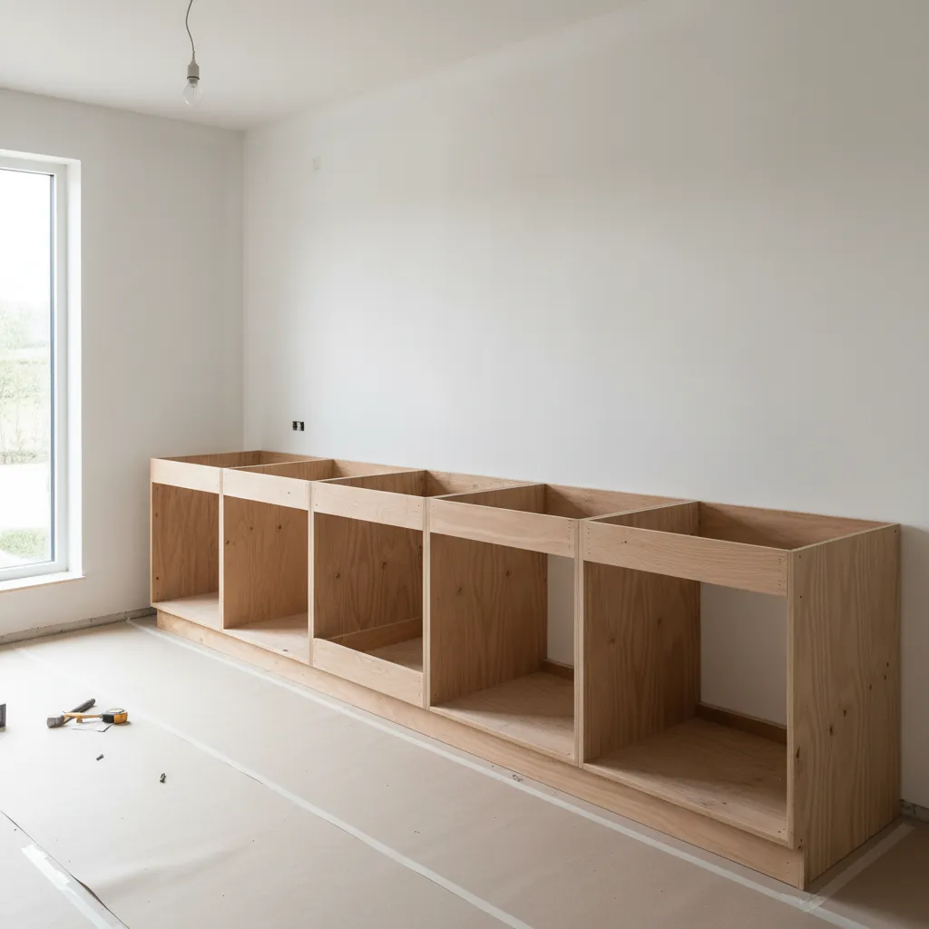 unfinished plywood kitchen cabinet boxes installed along a wall during renovation