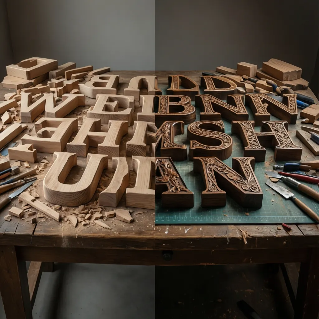comparison of unfinished wooden letters and professionally painted decorated letters