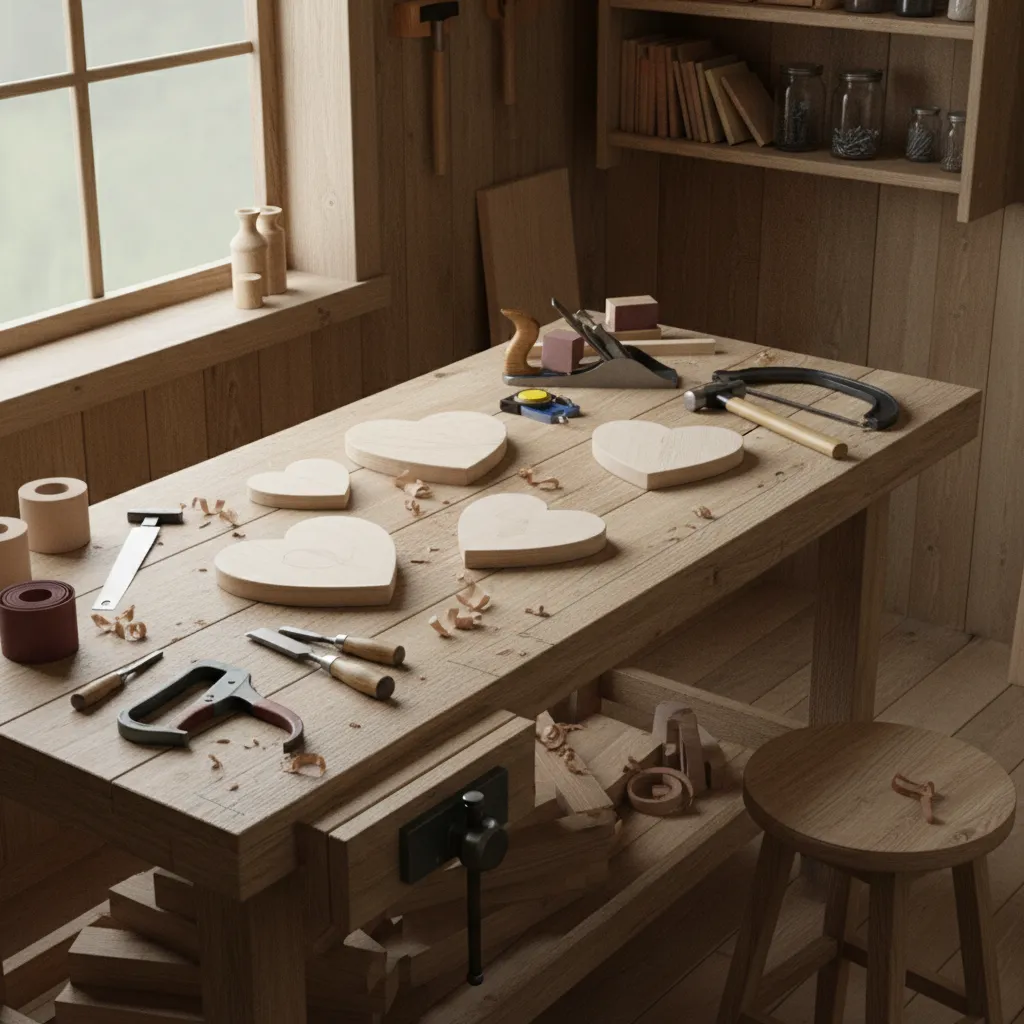 unfinished wooden heart shapes and crafting tools on a workbench