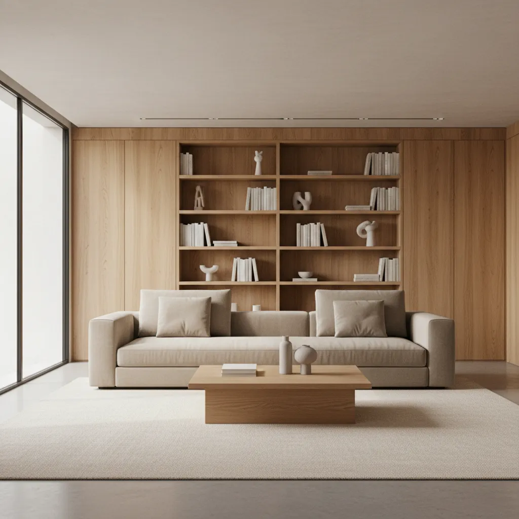 living room interior showing unified layout with repeated colors and materials