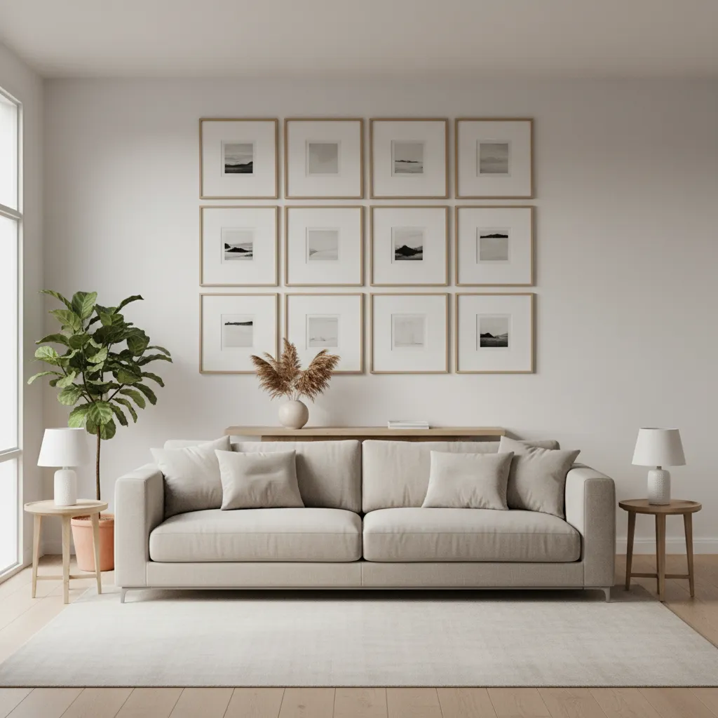 living room wall with evenly spaced identical frames forming a modern gallery wall