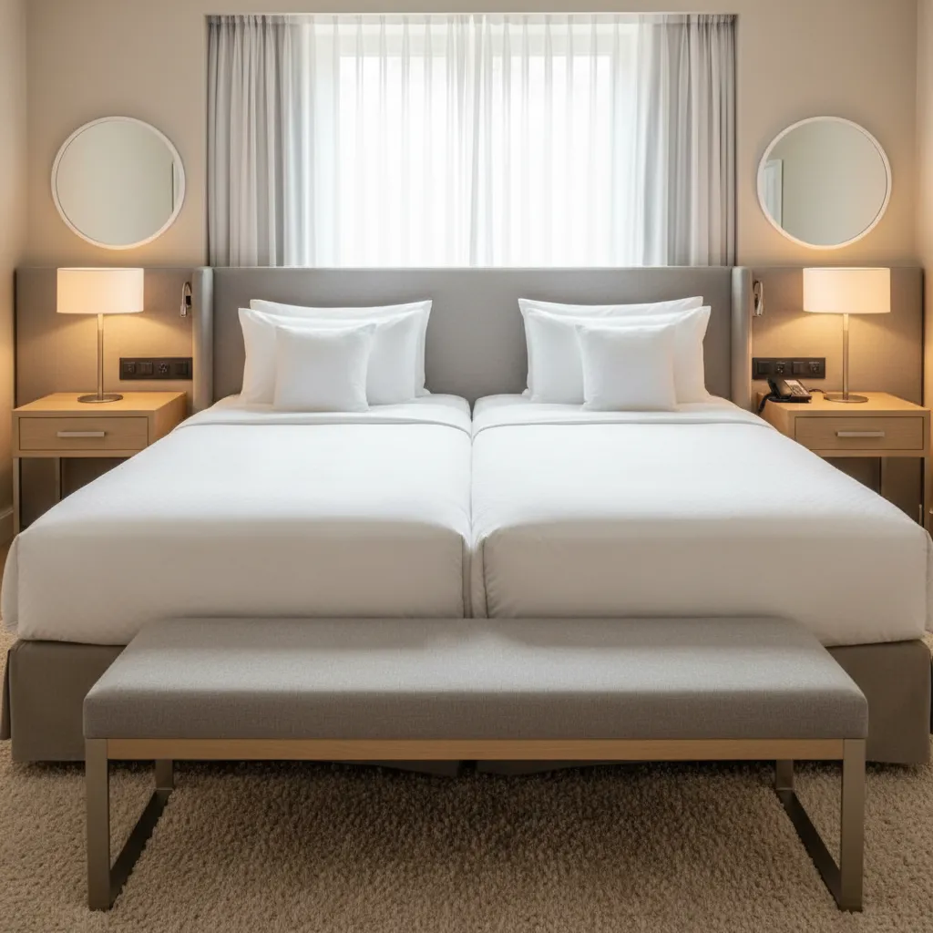 Dos camas individuales colocadas juntas con ropa de cama continua