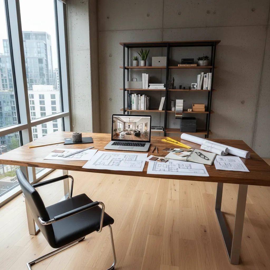 Designer workspace with a laptop paper floor plans and tools on a large wooden desk