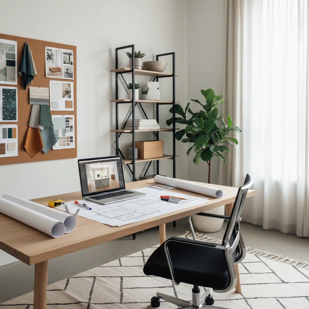 Wooden desk with laptop floor plan shelf chair and board showing various material design samples