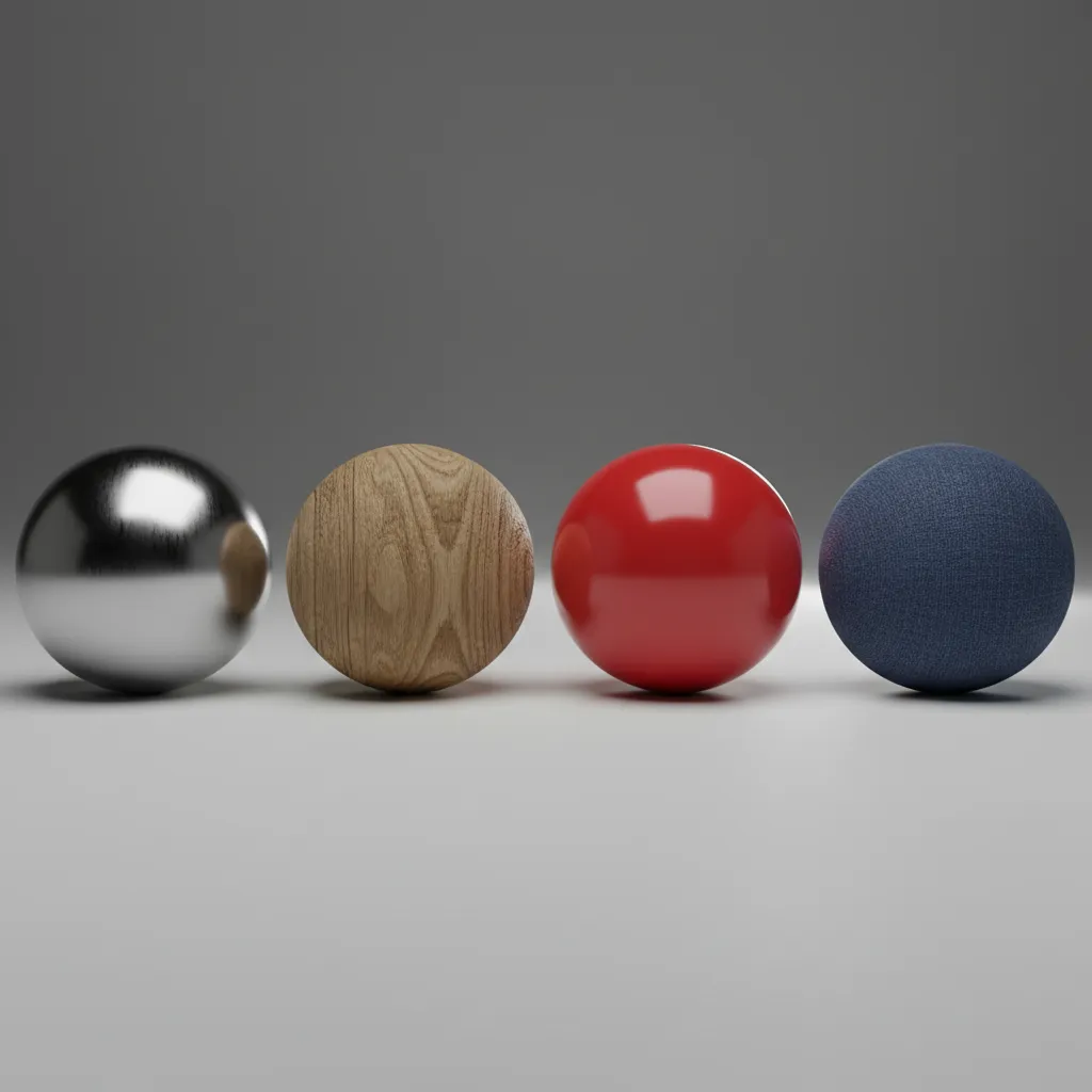 Comparison of realistic PBR materials in Unity showing roughness and metalness variation