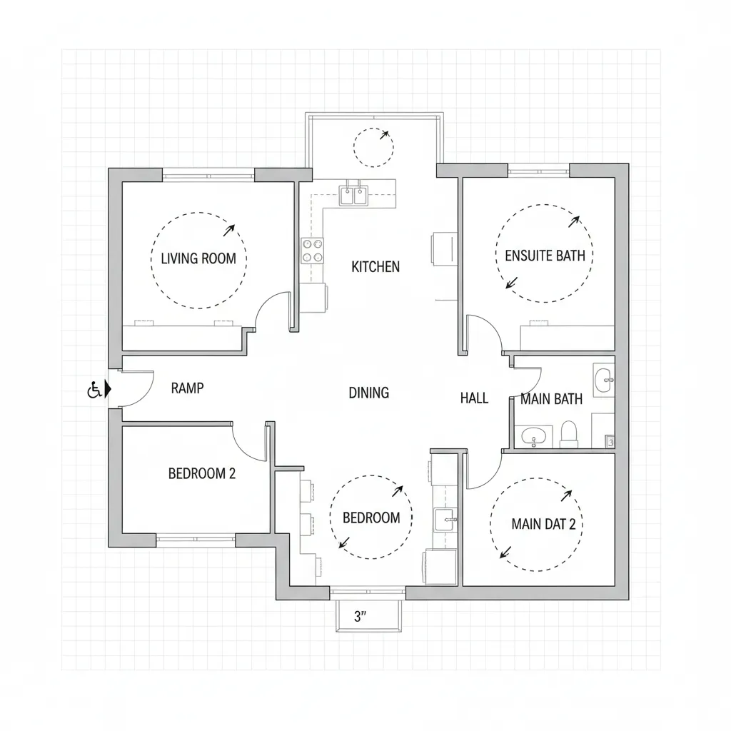 floor plan layout showing wide hallways and wheelchair turning space