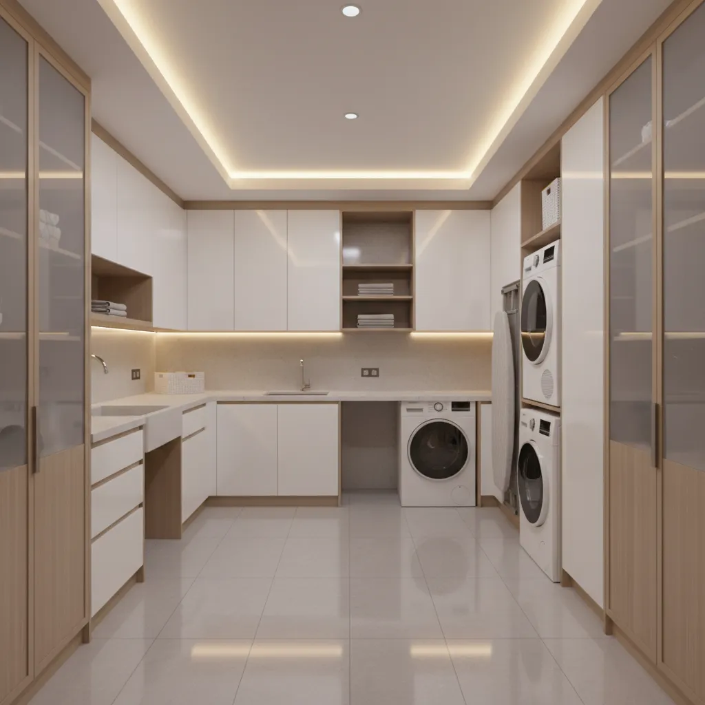 laundry room showing wide clearance space and accessible workflow