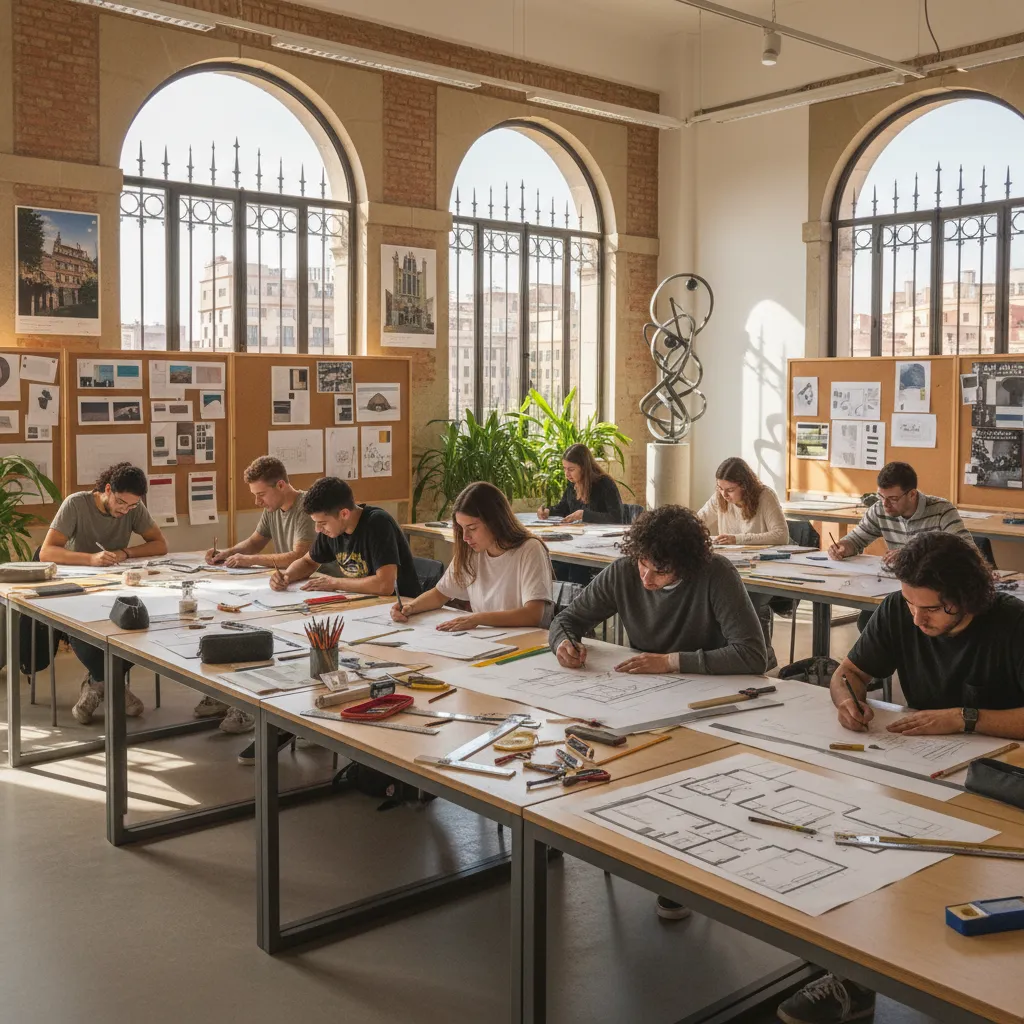 Students sitting at long tables in a bright room drawing floor plans for their project
