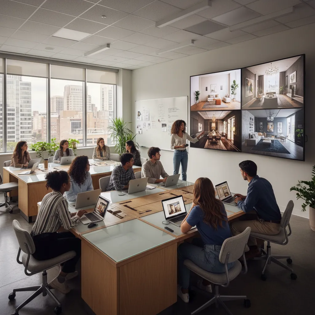 Teacher showing interior design examples on a large screen to students using laptops in classroom.