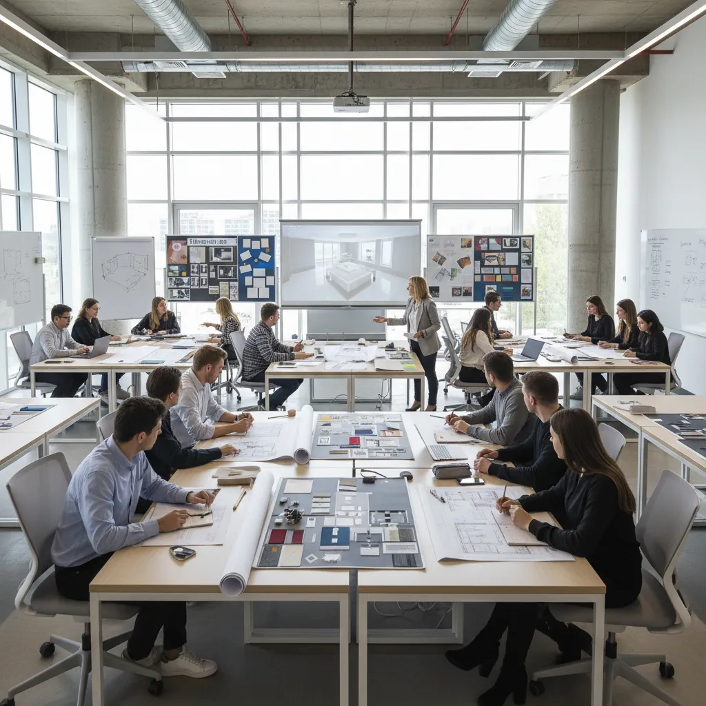 Interior design students in a bright studio looking at a screen showing a living room