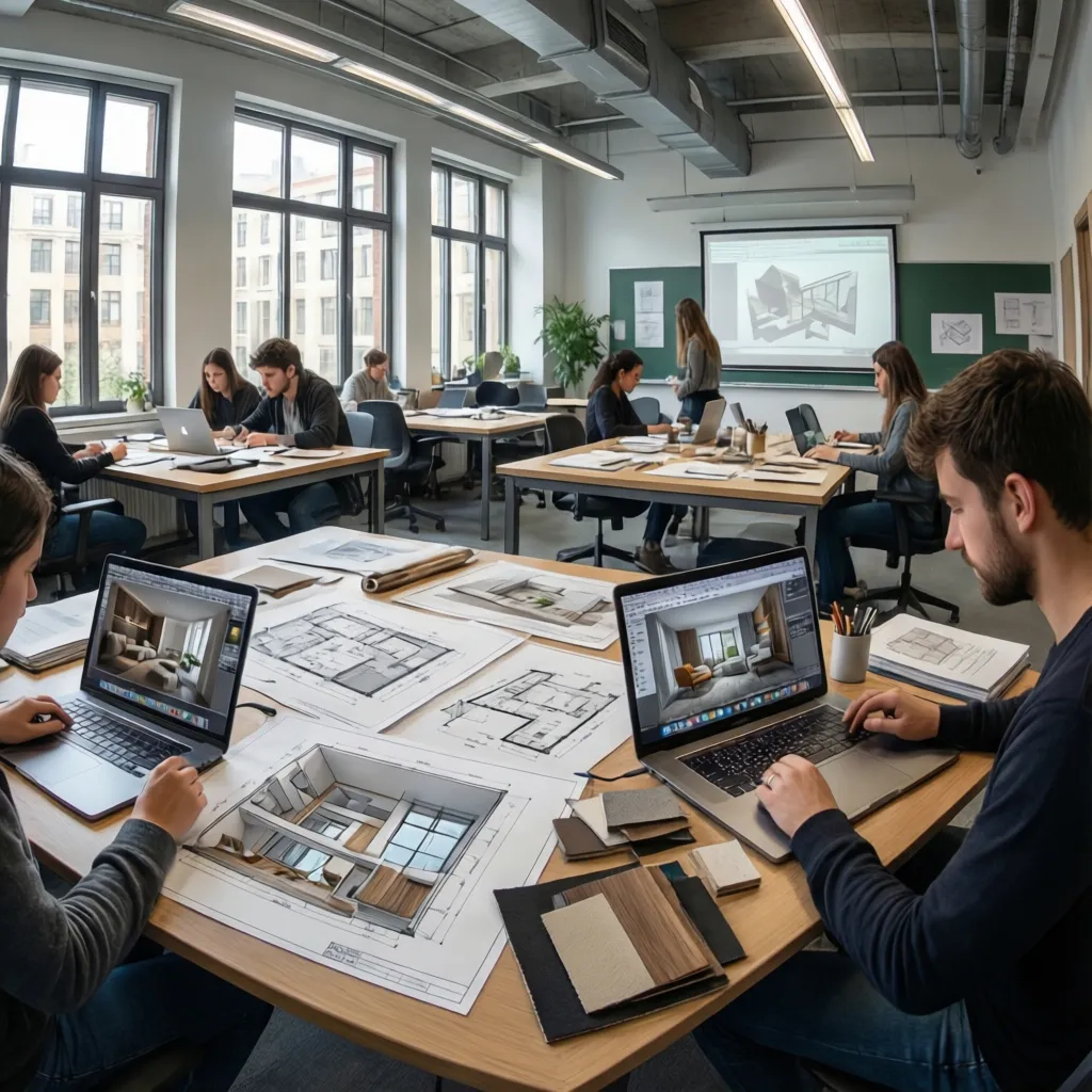 Students in bright classroom using laptops to work on several interior design floor plan drawings