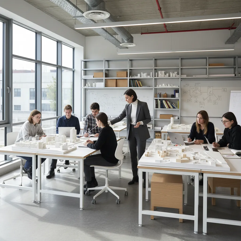 Clase universitaria de diseño de interiores revisando maquetas y planos