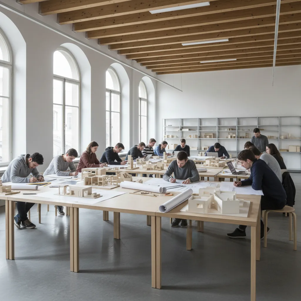 aula universitaria de arquitectura interior con estudiantes trabajando en planos