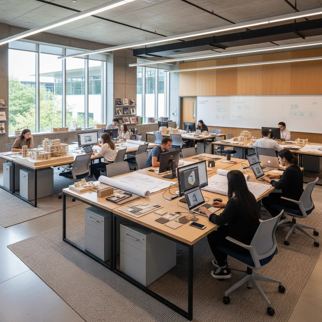 Bright studio with students working at wooden desks using laptops and building small room models
