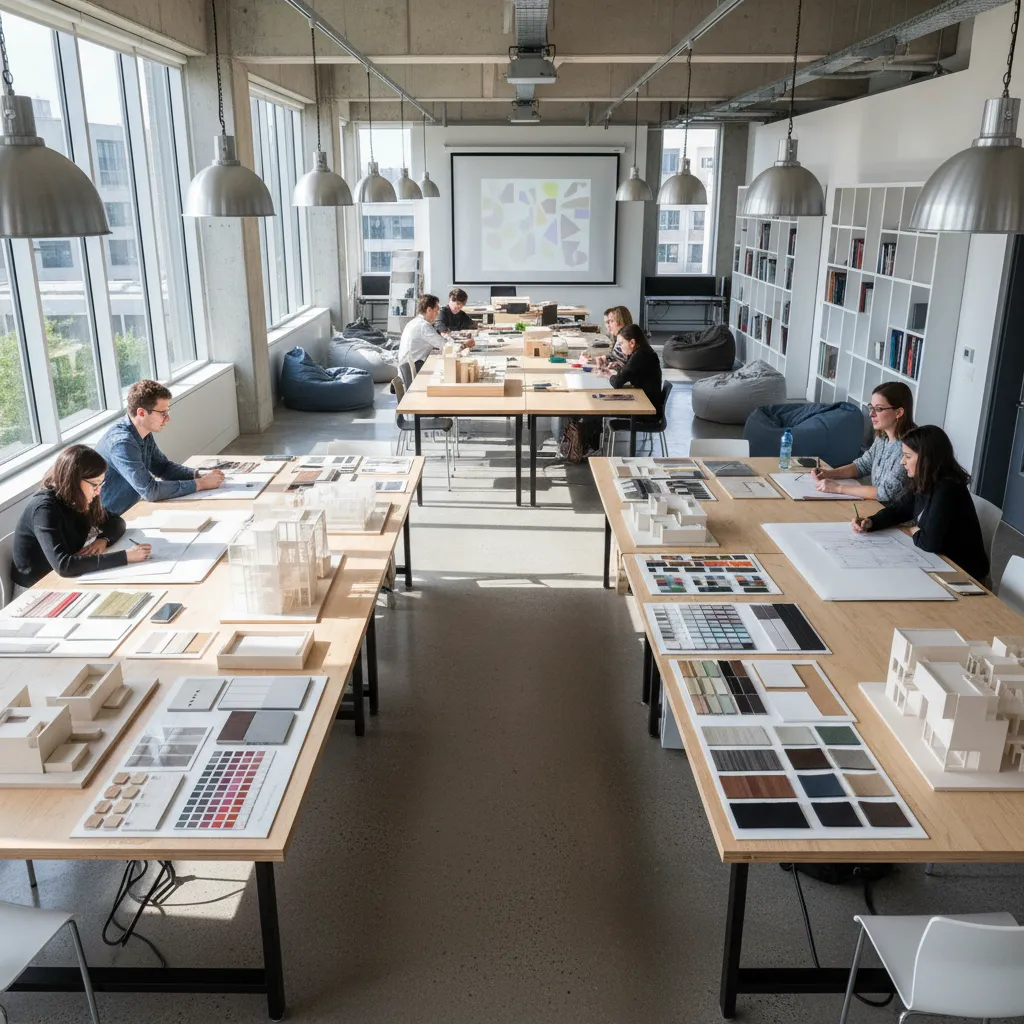 Students working on models and material samples at long wooden tables in a bright studio