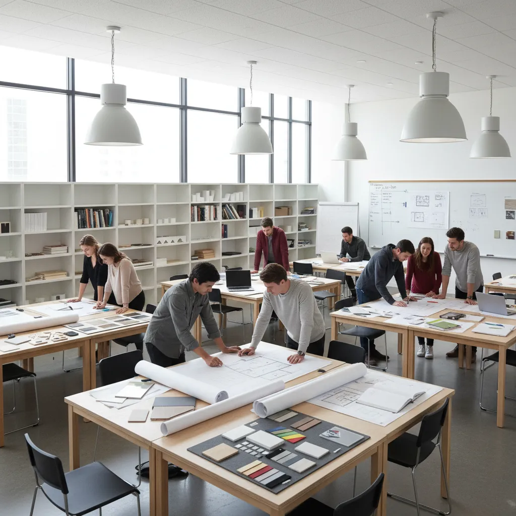Aula universitaria de diseño de interiores con estudiantes revisando planos