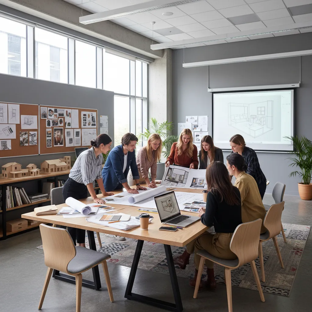 Group of people at a large table looking at room layout floor plans in studio