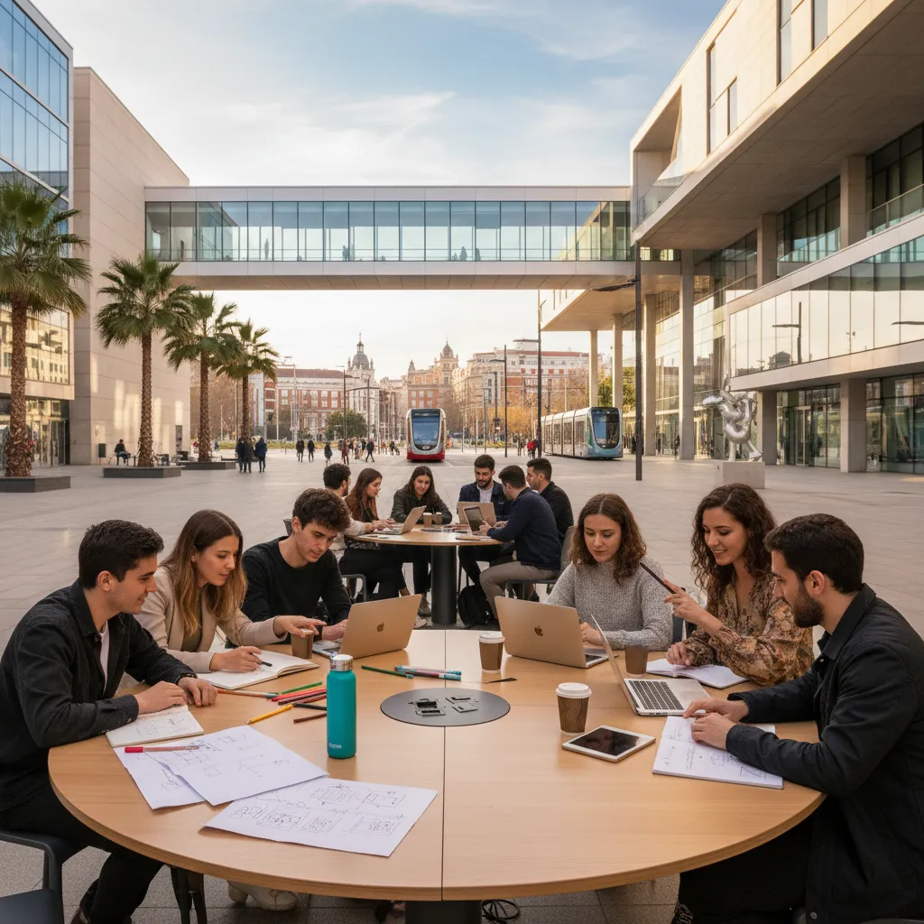 Campus universitario en Madrid con estudiantes de diseño trabajando