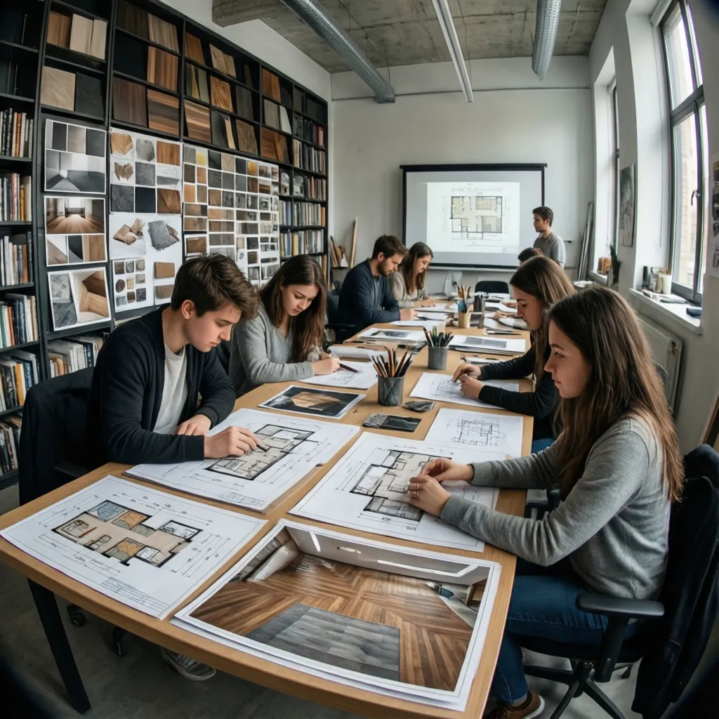 Taller universitario de diseño de interiores con estudiantes trabajando en planos