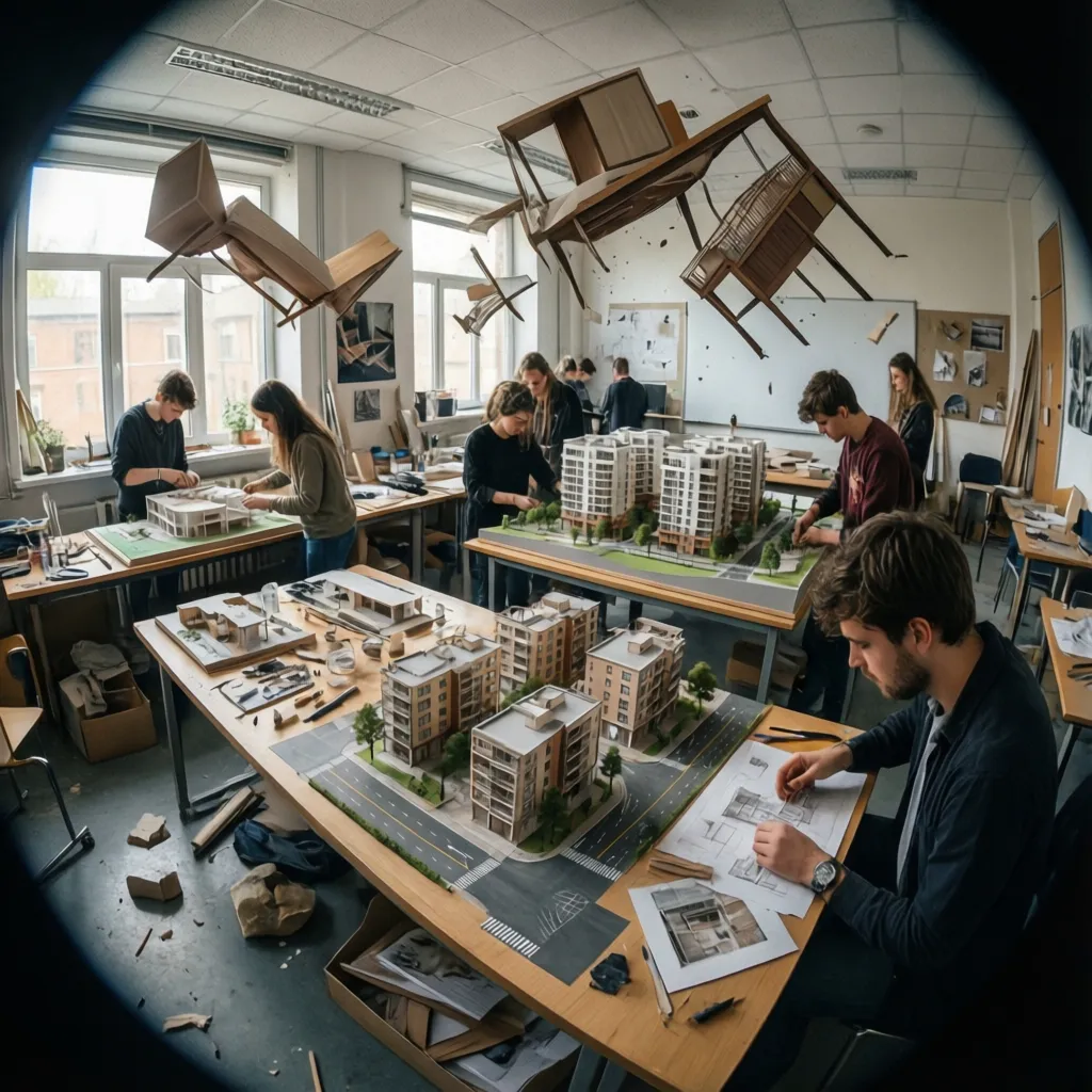 Taller universitario de diseño de interiores con estudiantes trabajando en maquetas