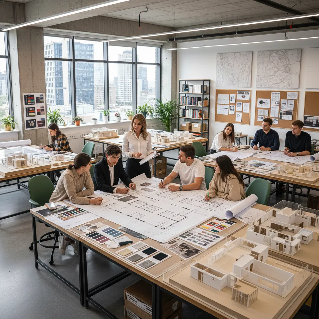 Aula universitaria de diseño de interiores con estudiantes revisando planos