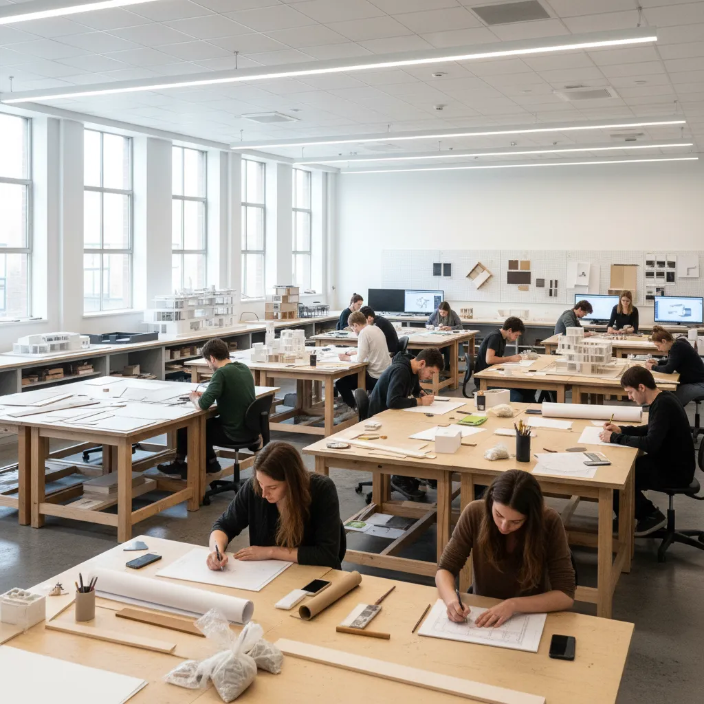 Aula universitaria dedicada al diseño de interiores con mesas de trabajo