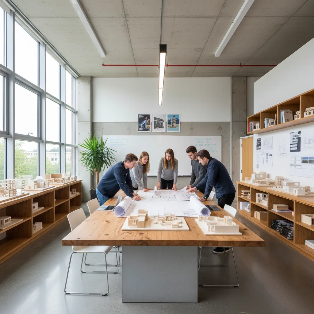 Aula universitaria donde estudiantes analizan planos de interiorismo