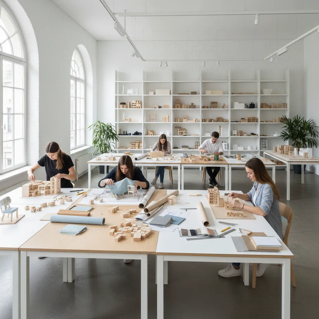 Students building small house models on white tables inside bright studio with large arched windows