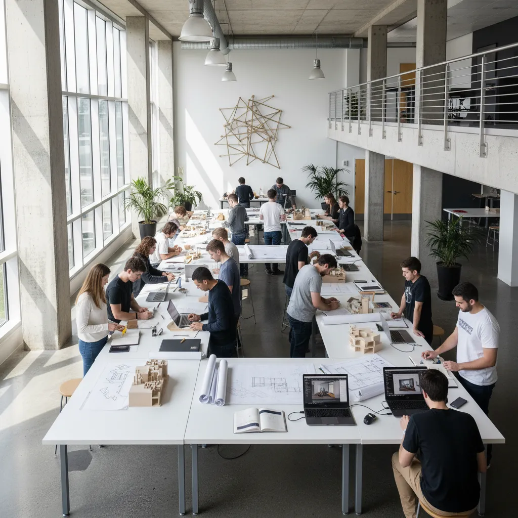 Students working on interior design drawings and physical room models in a bright open studio
