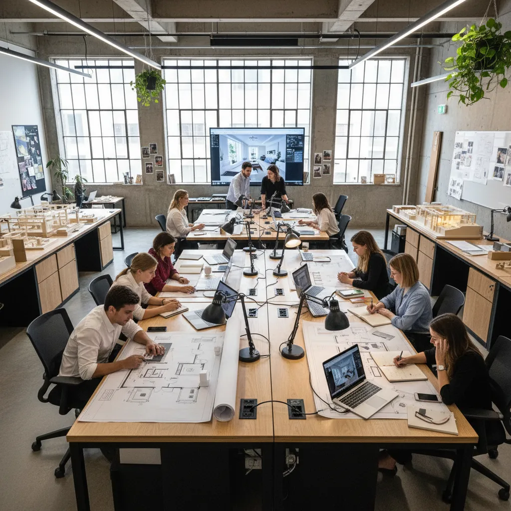 Interior design studio with people working on floor plans and models at long wooden desks
